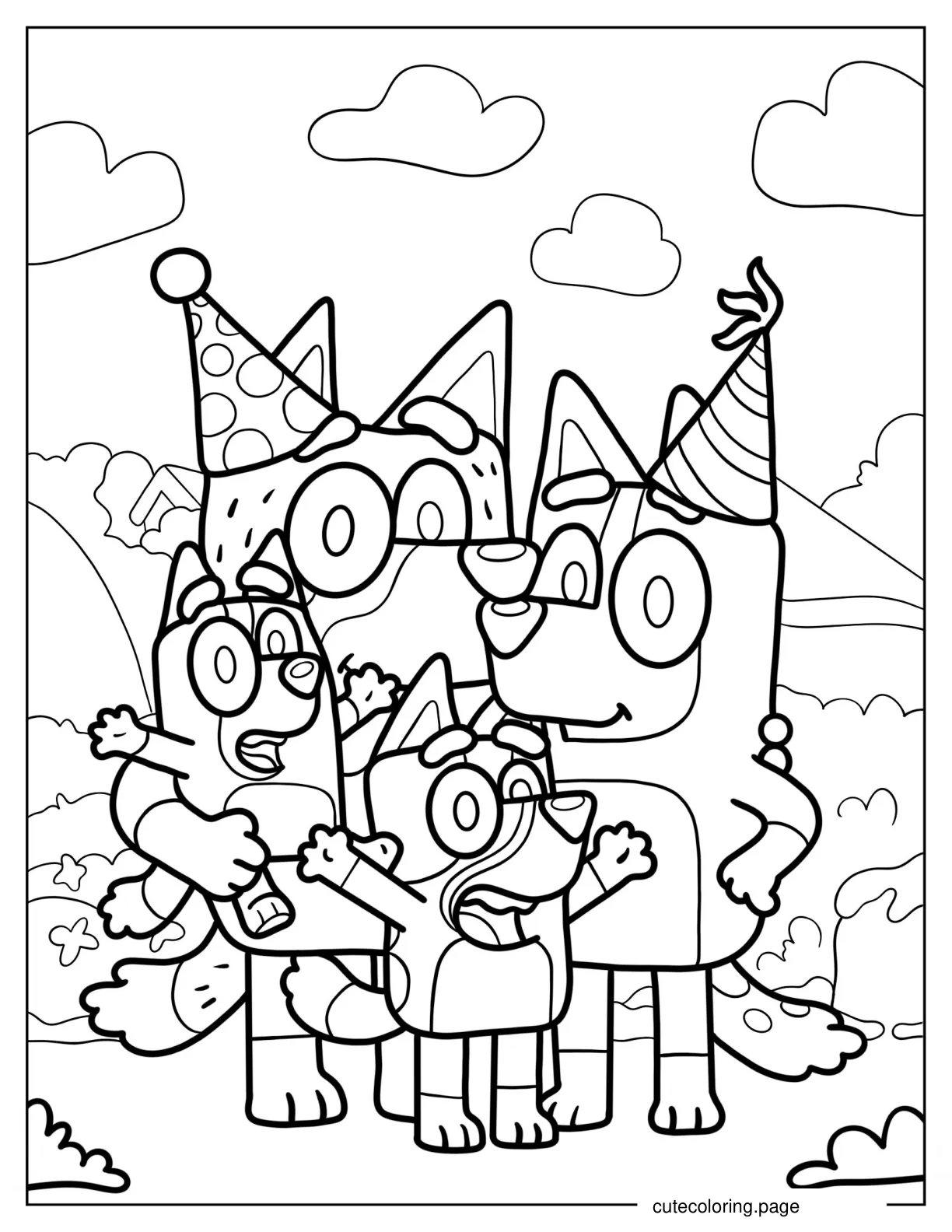 Bluey Bingo Bandit And Chilli With Party Hats Coloring In coloring page