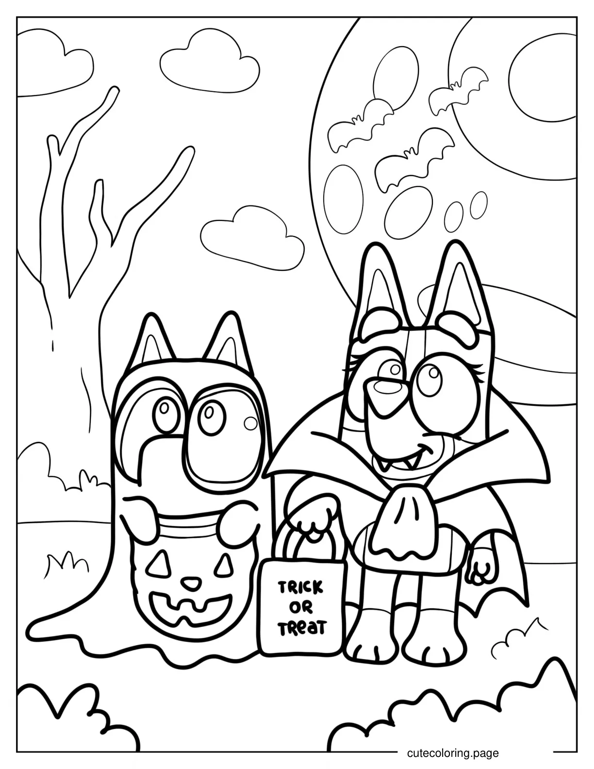 Coloring Page Of Bluey And Bingo In Halloween Costumes coloring page