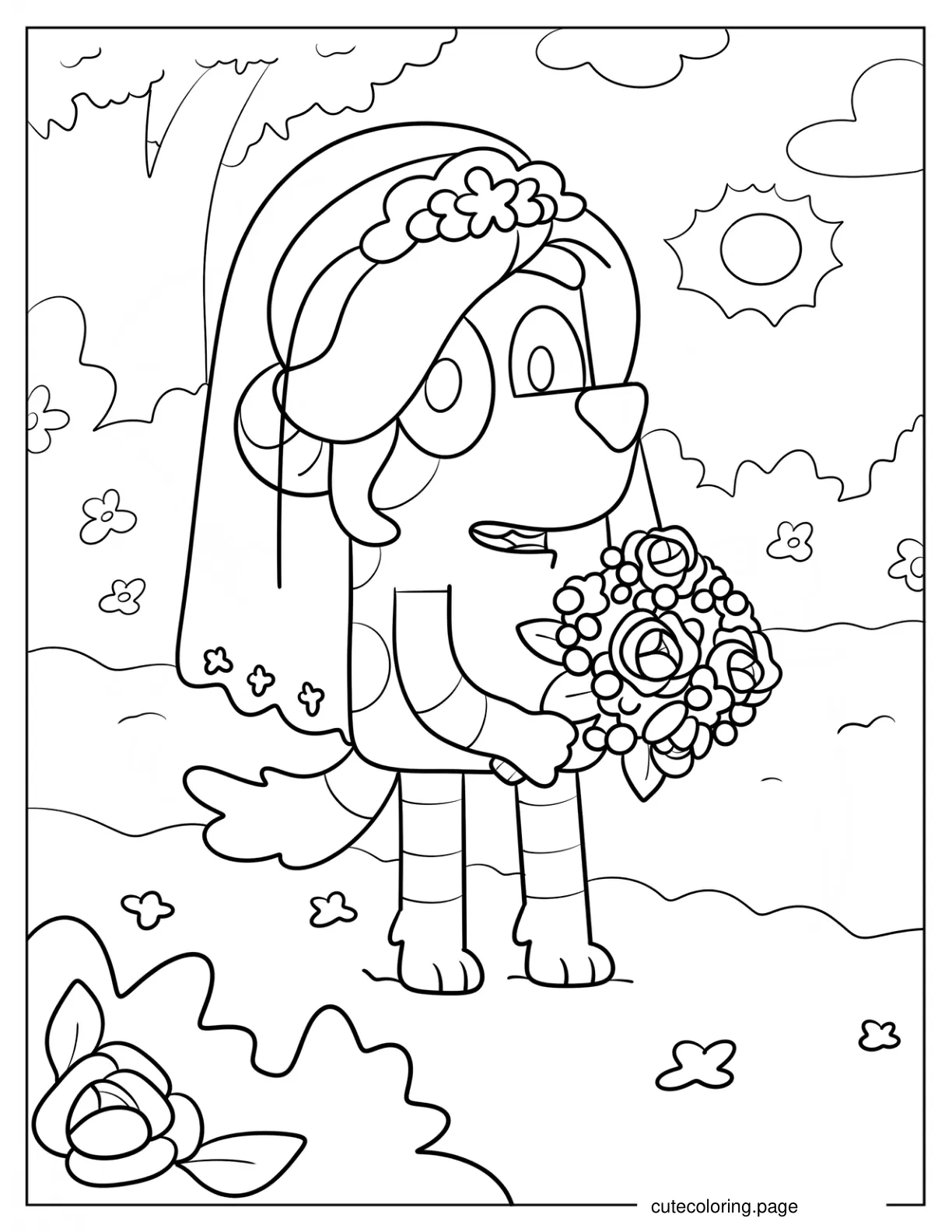 Frisky With A Wedding Veil And Flower Bouquet coloring page