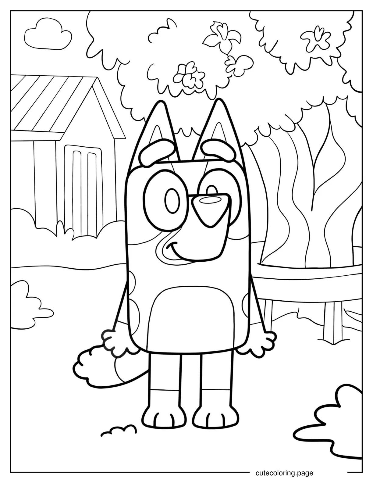 Happy Bluey Standing In Backyard Coloring Sheet coloring page