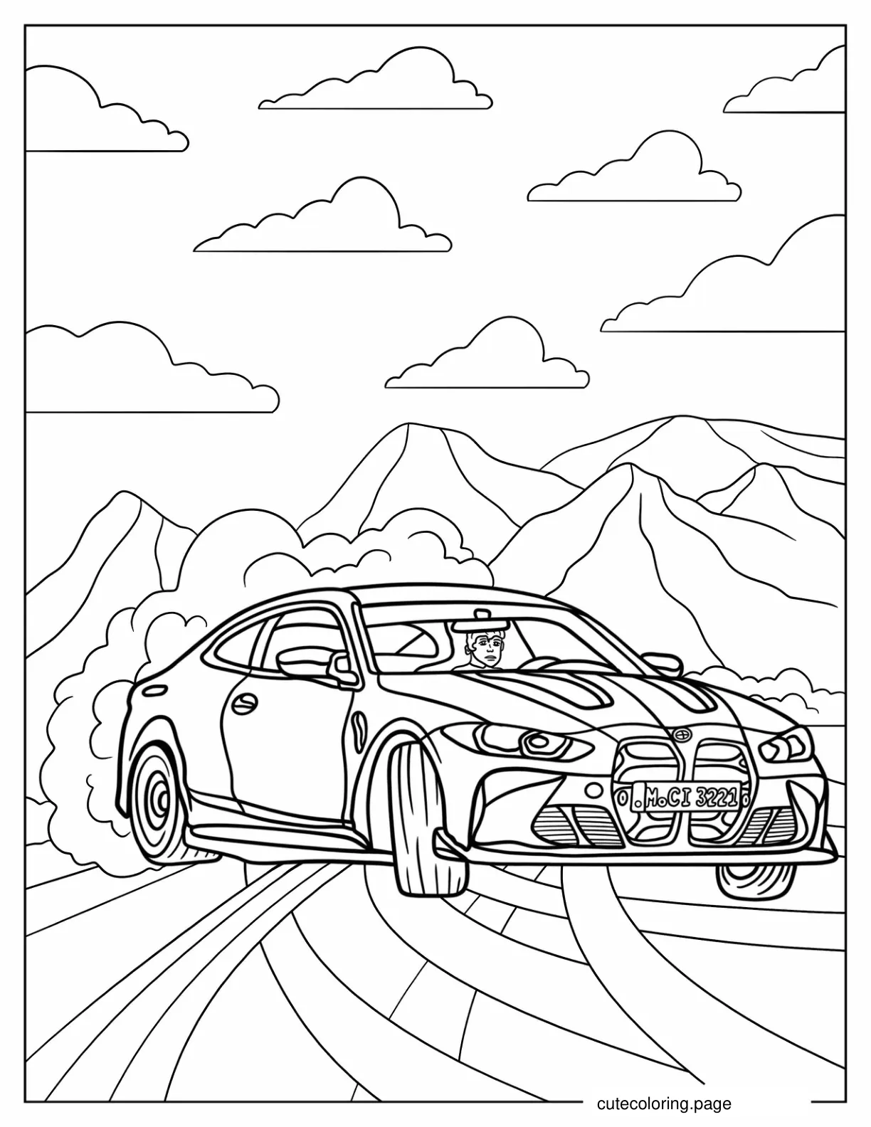 2023 BMW M4 Competition Drifting Coloring Sheet coloring page