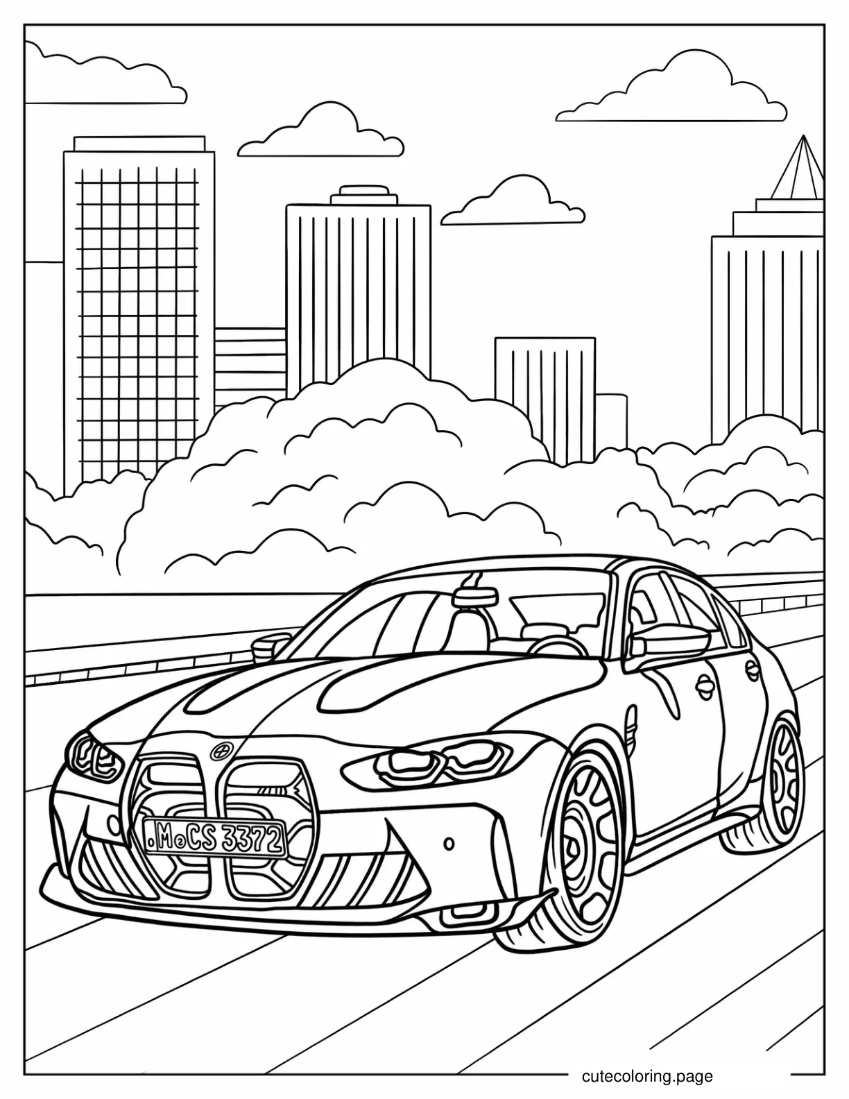 BMW Series 3 Berline With Cloudy Background Coloring Sheet coloring page