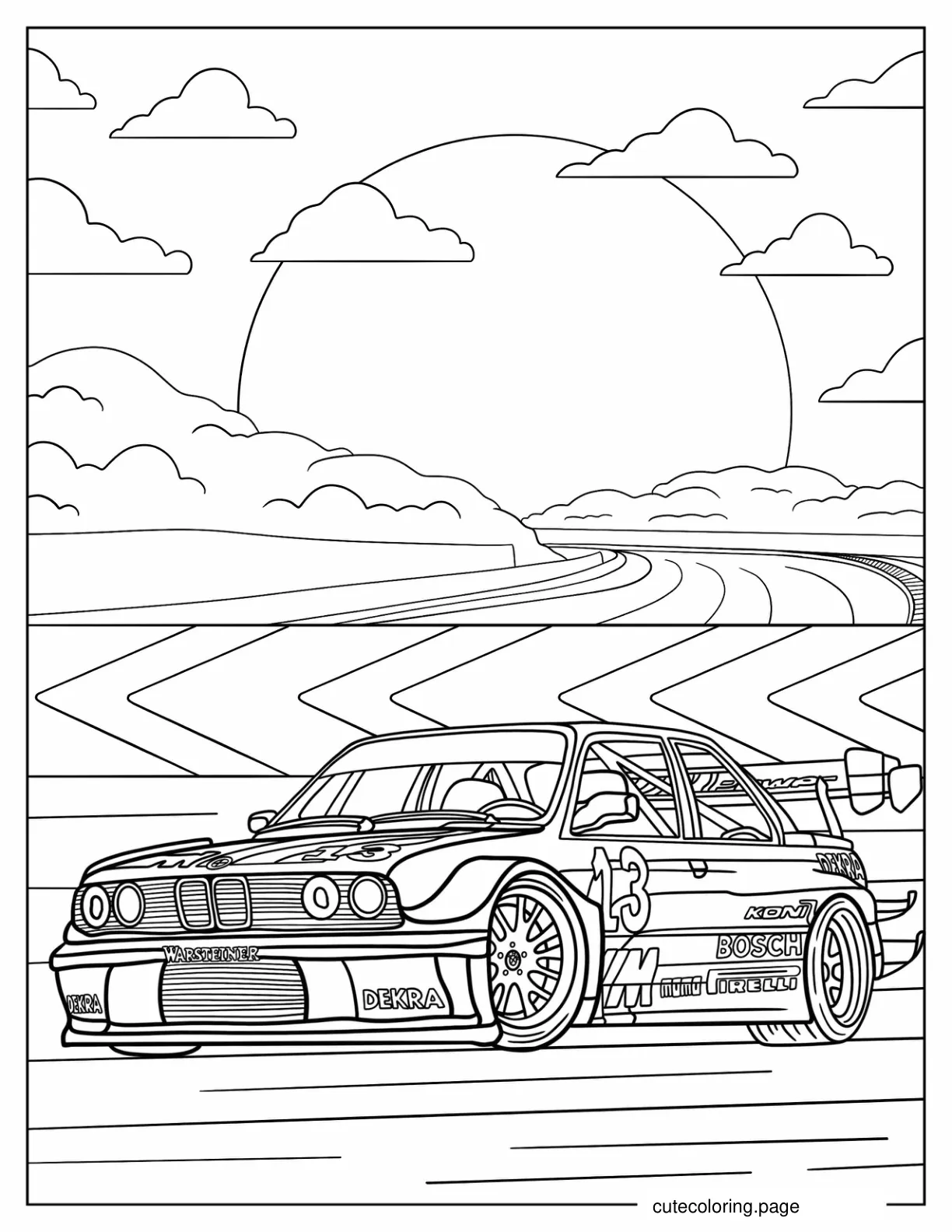 Detailed BMW 3 Series E30 On Race Track At Sunset coloring page