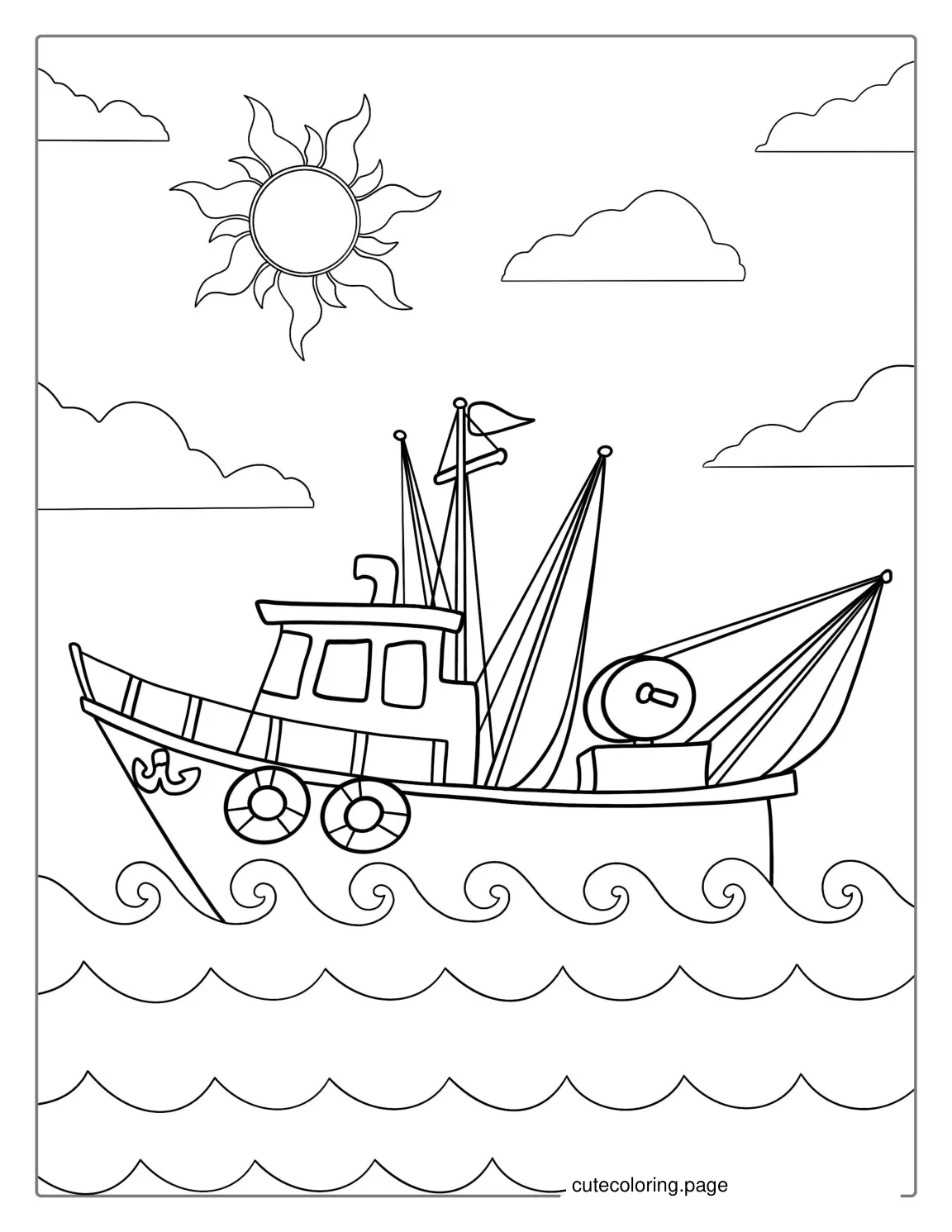 Fishing Boat Out On The Ocean To Color coloring page