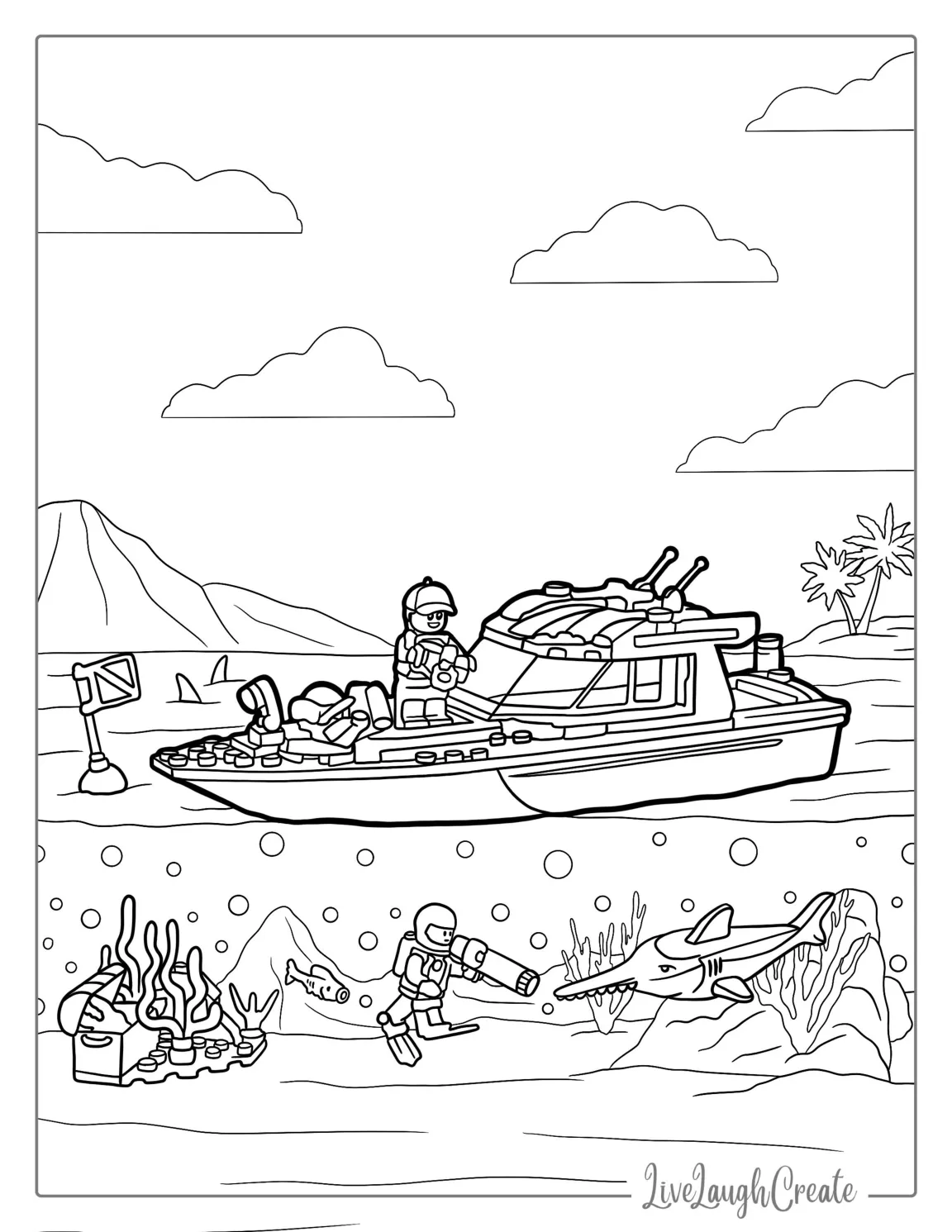 Lego Boat Surrounded By Sharks To Color coloring page