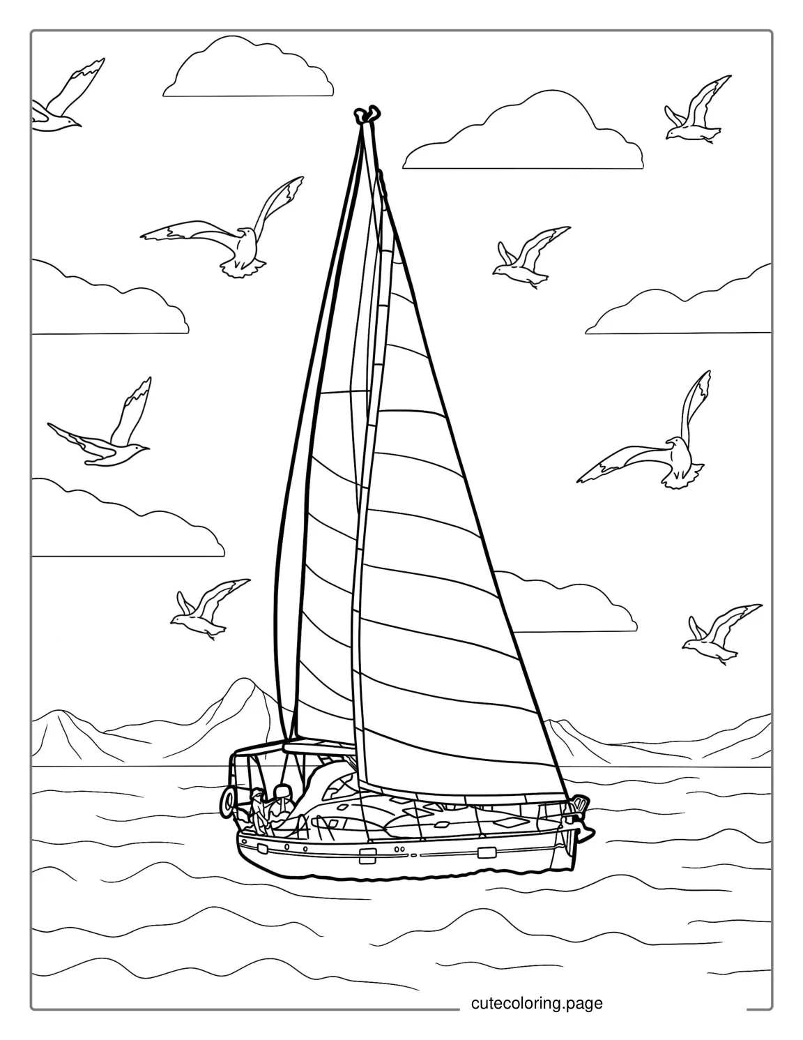 Sail Boat On The Water With Seagulls To Color coloring page