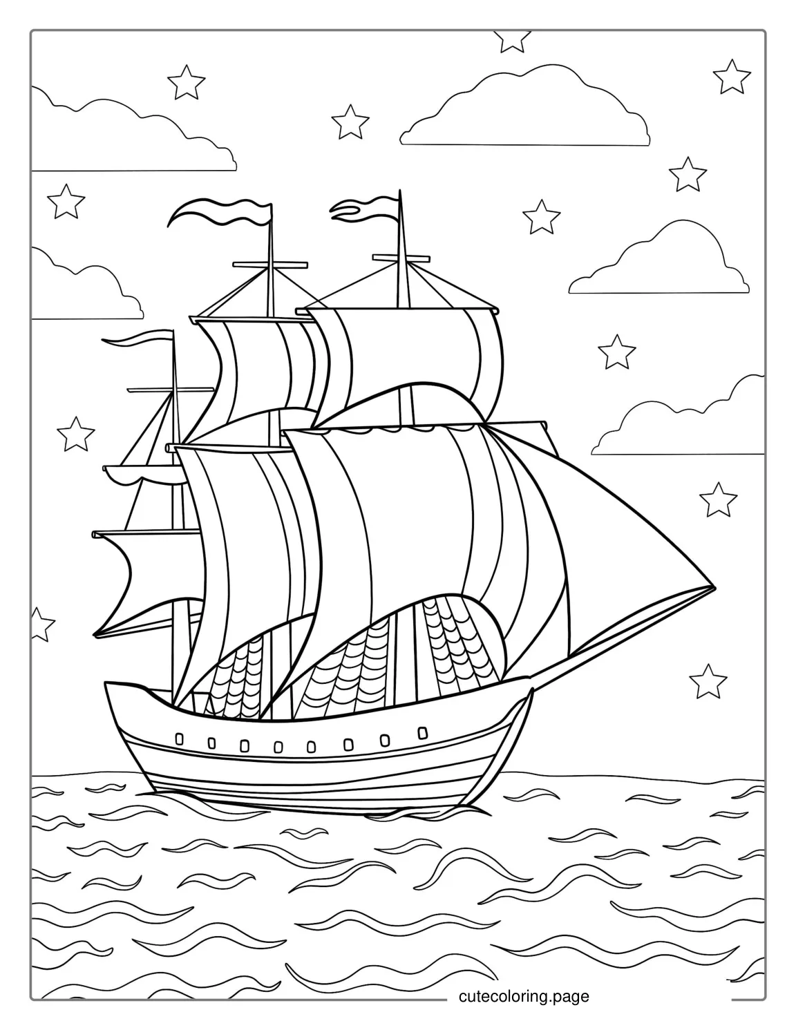 Stunning Wooden Ship Sailing During The Night To Color coloring page