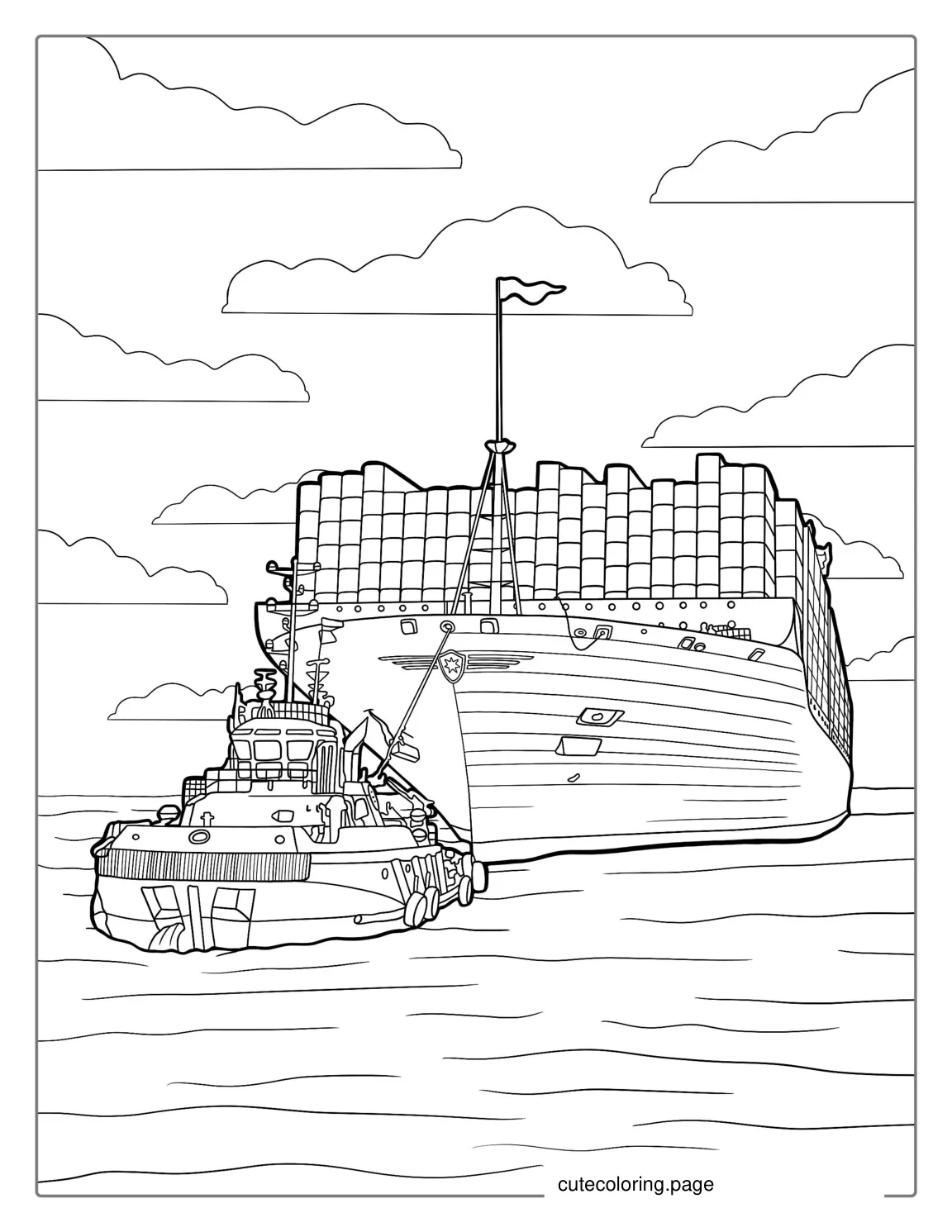 Tugboat Towing A Large Container Ship To Color coloring page