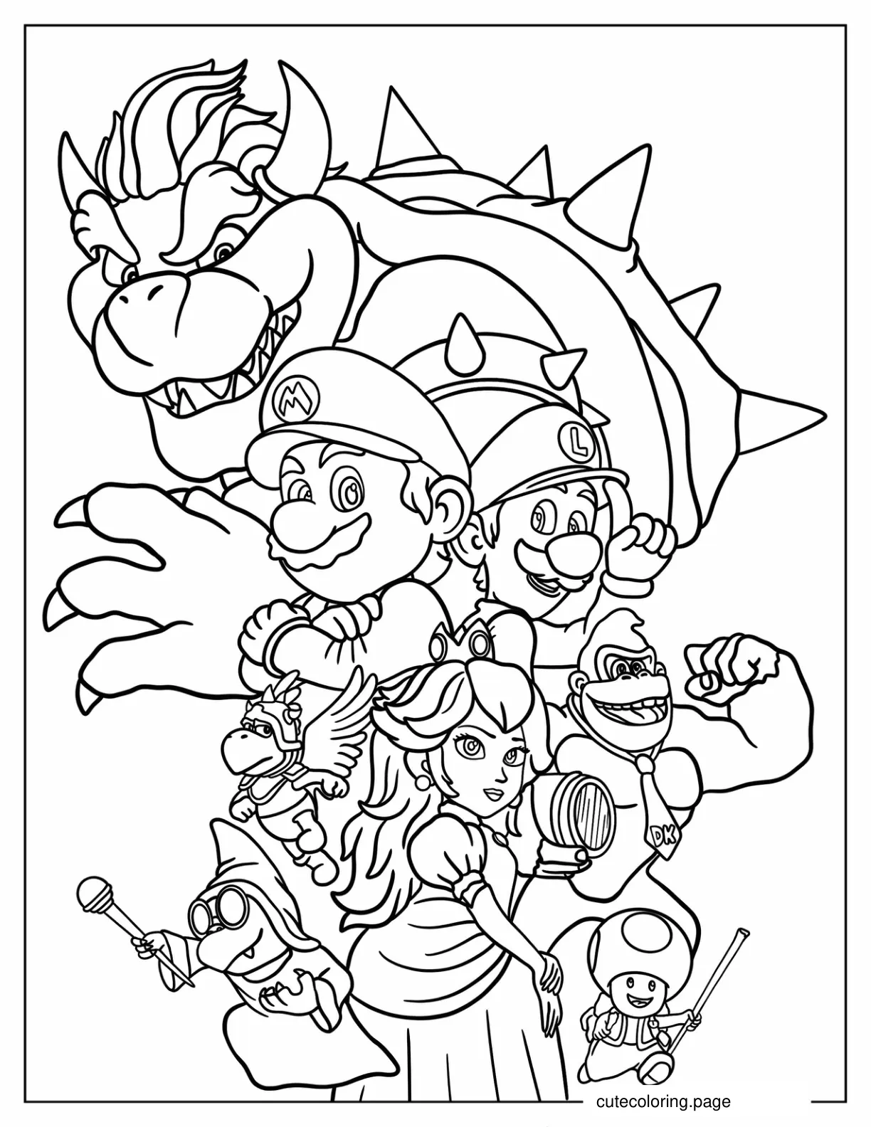 Bowser With Iconic Nintendo Characters coloring page