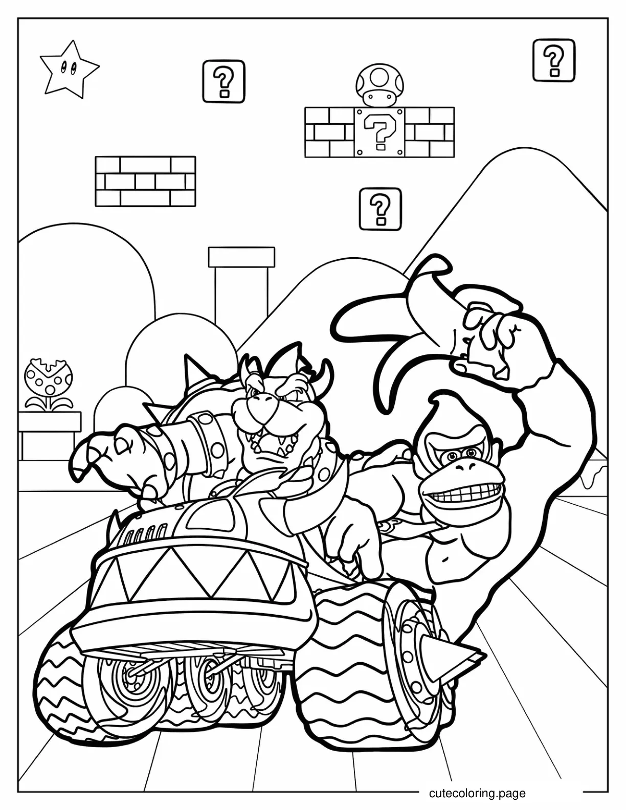 Mario Kart With Bowser And Donkey Kong Racing coloring page