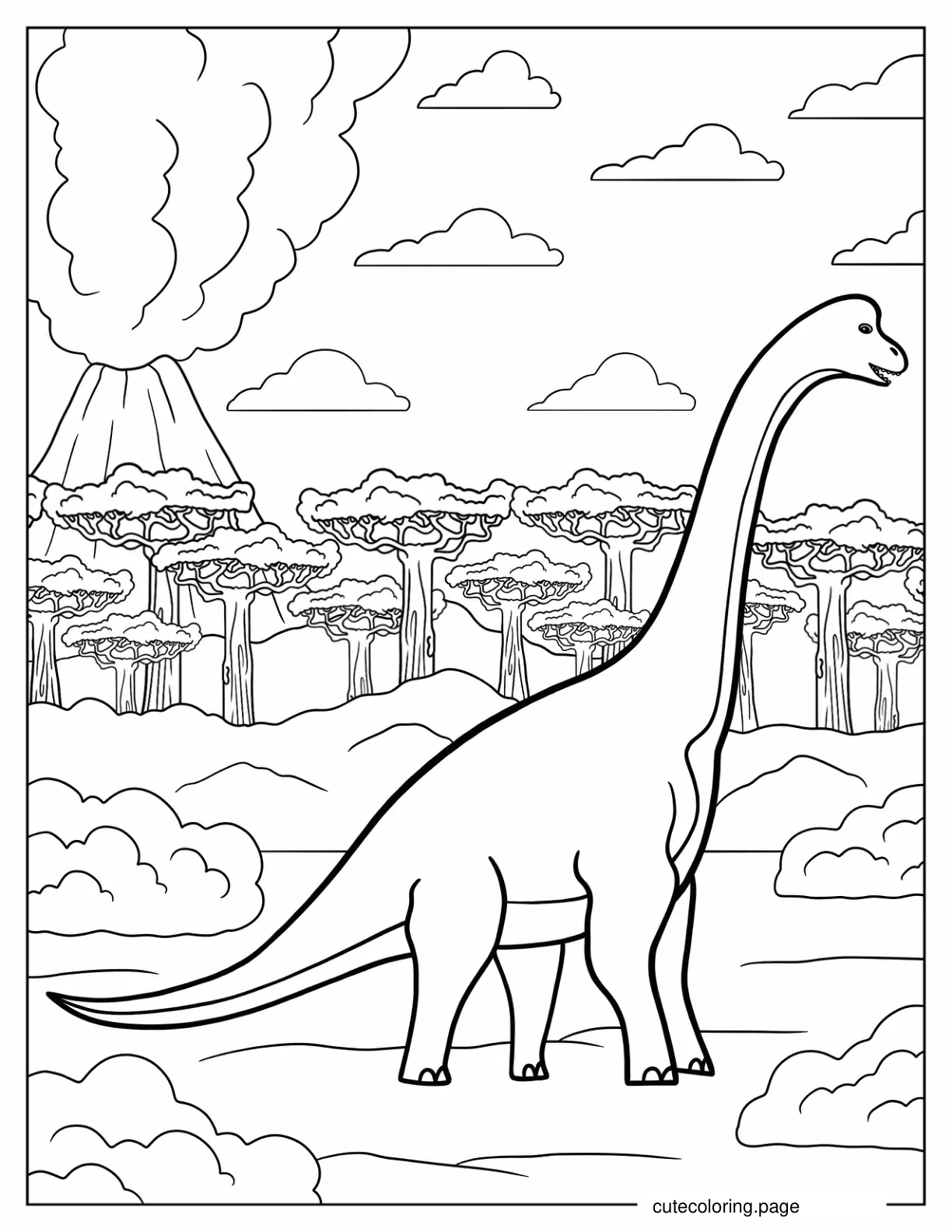 Brachiosaurus Walking Away From Volcanic Eruption coloring page