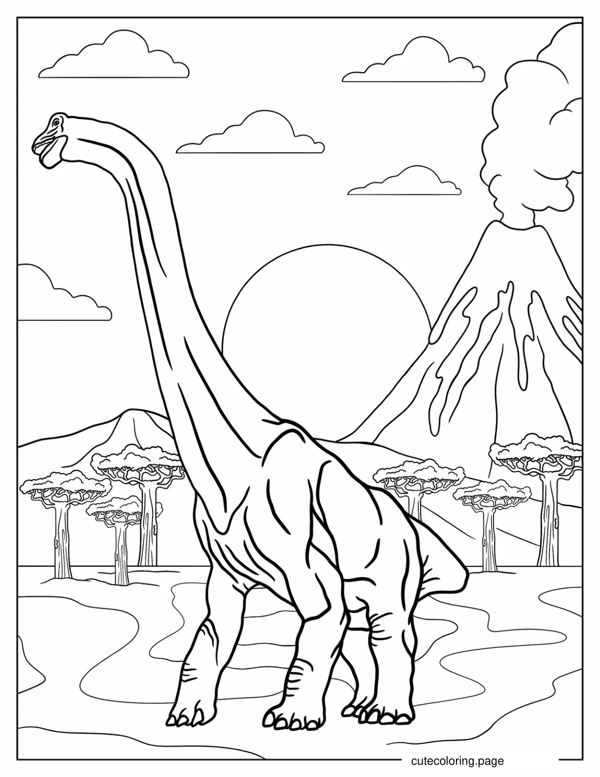 Realistic Brachiosaurus During Volcanic Eruption coloring page