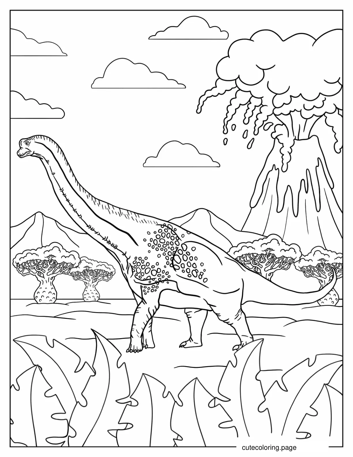 Realistic Brachiosaurus Escaping Lava Coloring In coloring page