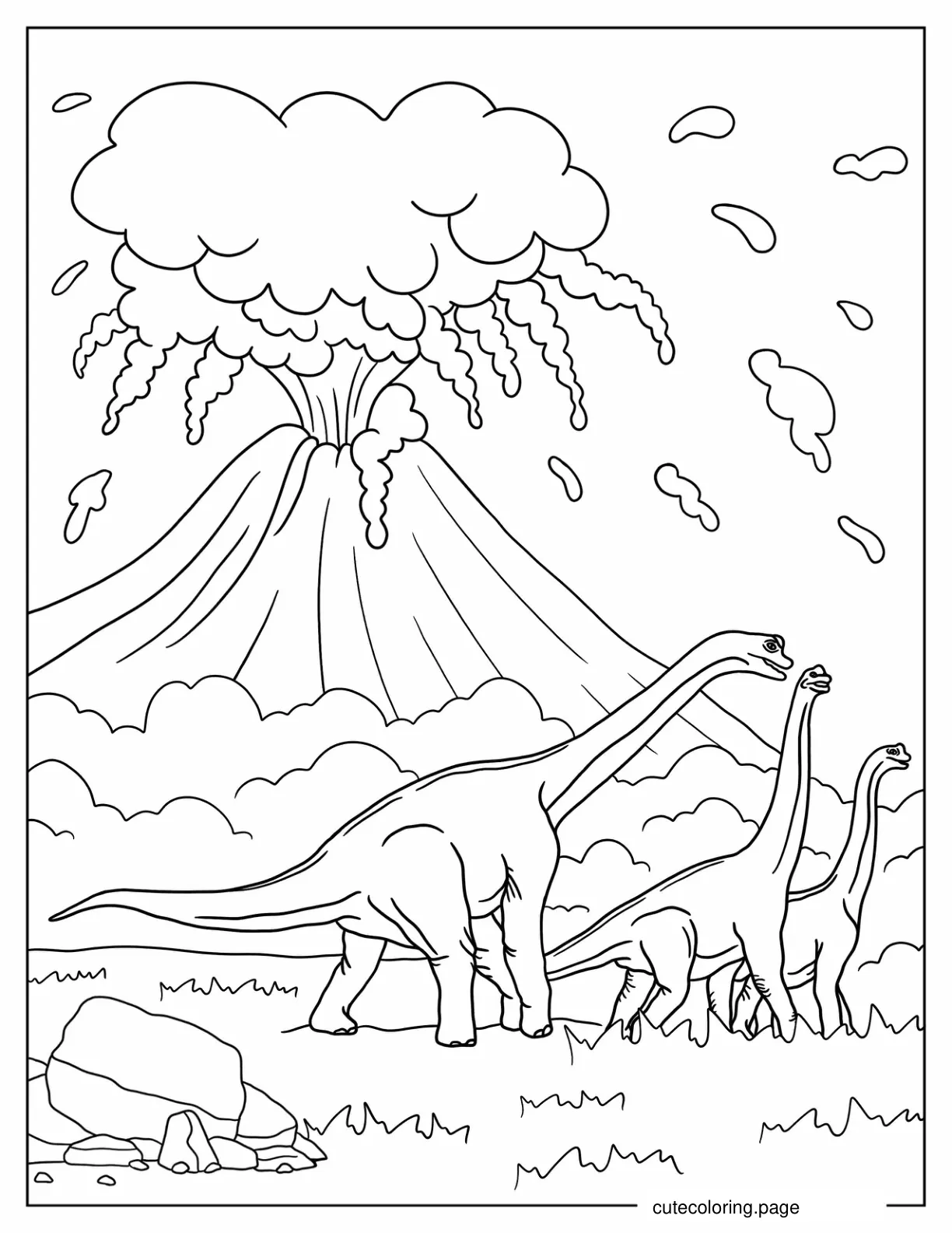 Three Brachiosaurus Running Away From Volcano 1 coloring page