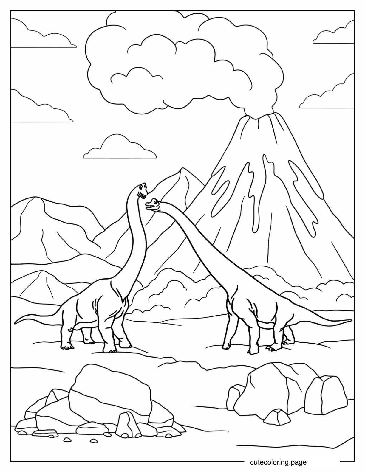 Two Brachiosaurus Fighting In Front Of Smoking Volcano coloring page