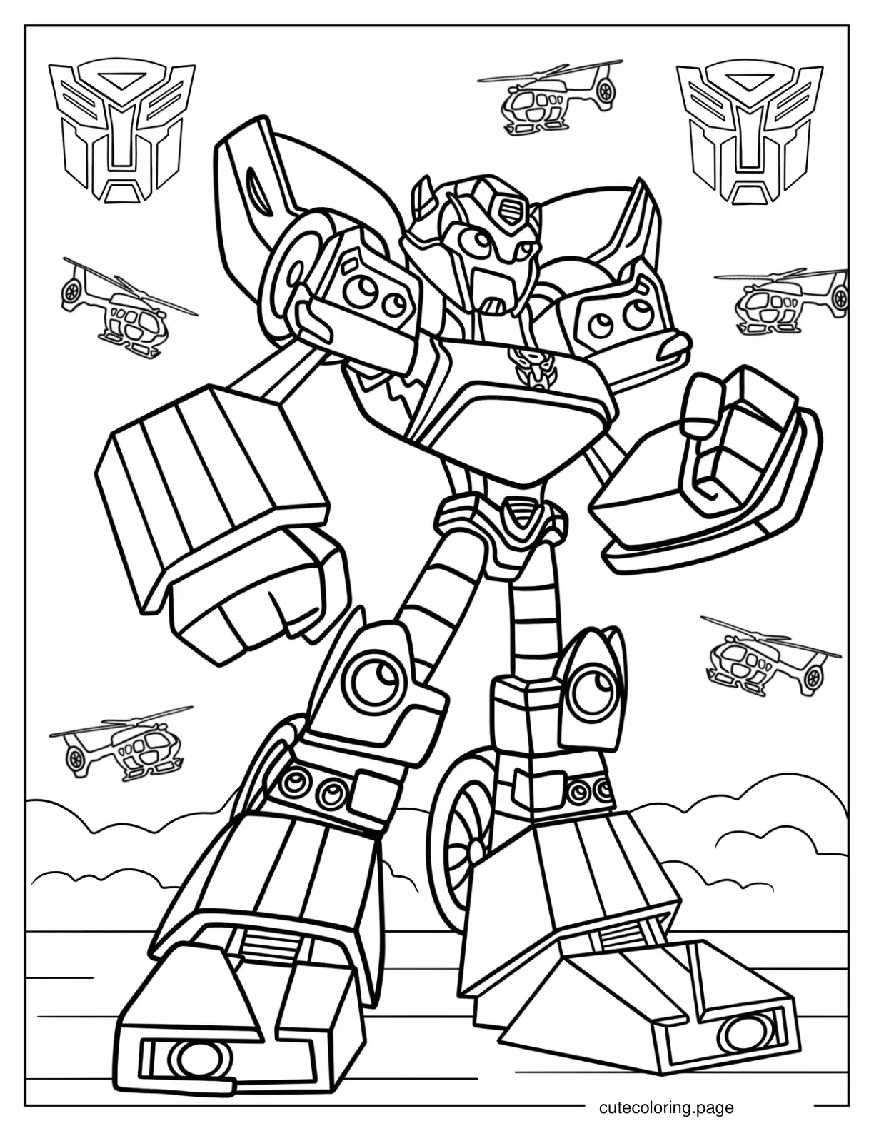 Cartoon Bumblebee With Helicopters Coloring Sheet For Kids coloring page