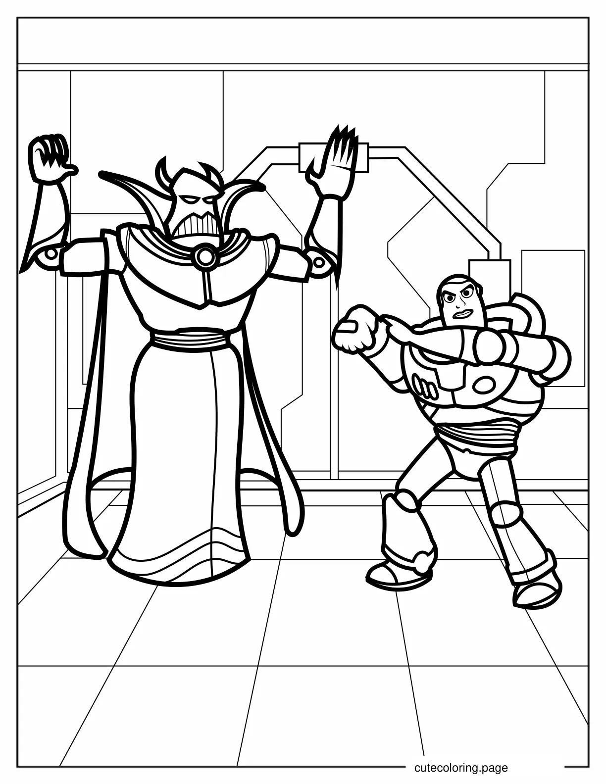 Buzz Lightyear Fighting Evil Emperor Zurg coloring page