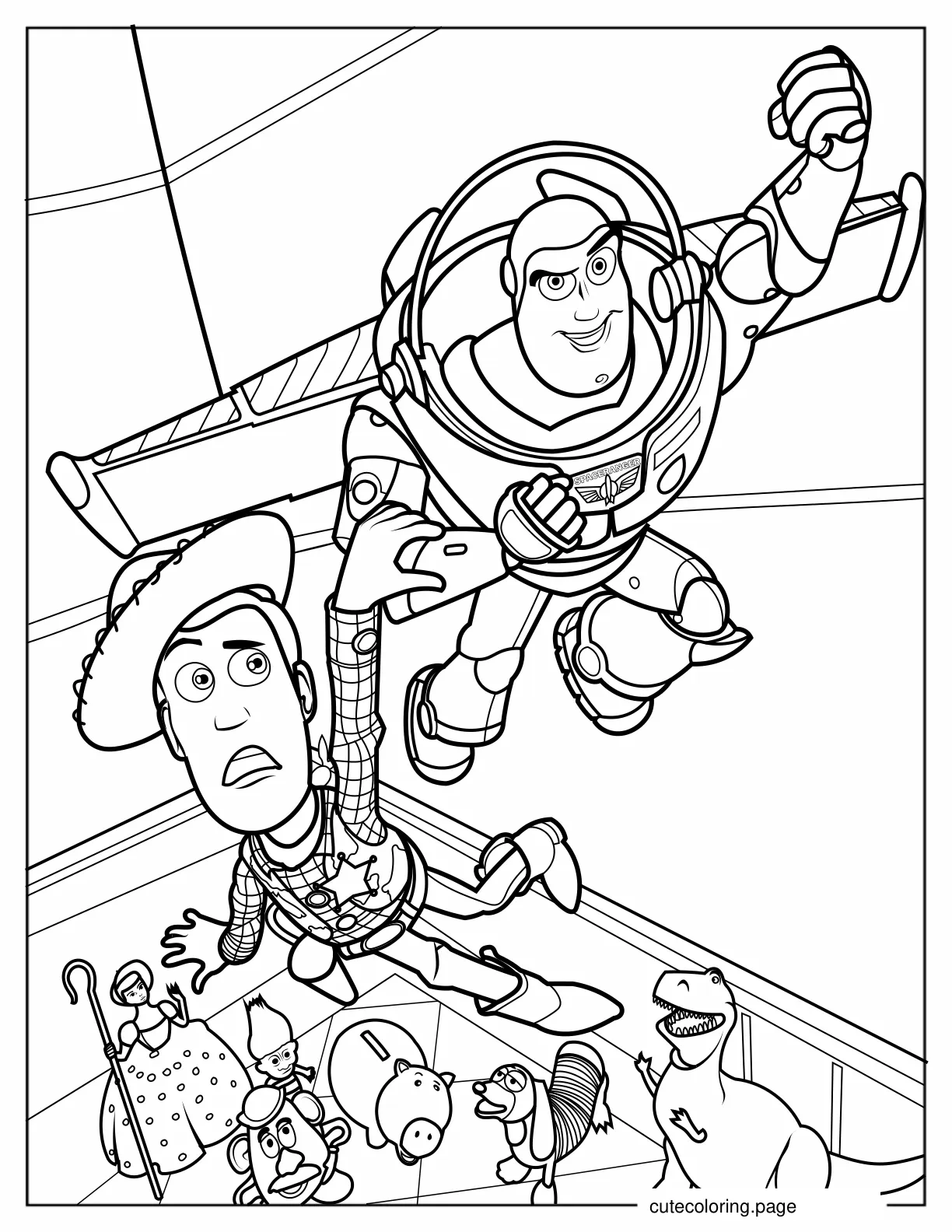 Buzz Lightyear Flying With Frightened Woody In Toy Story coloring page