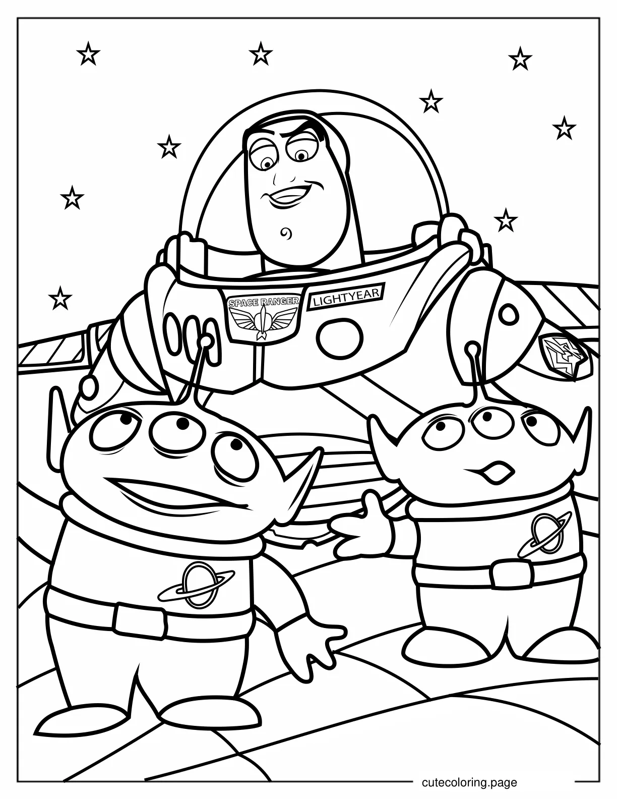 Buzz Lightyear With The Aliens Coloring In coloring page