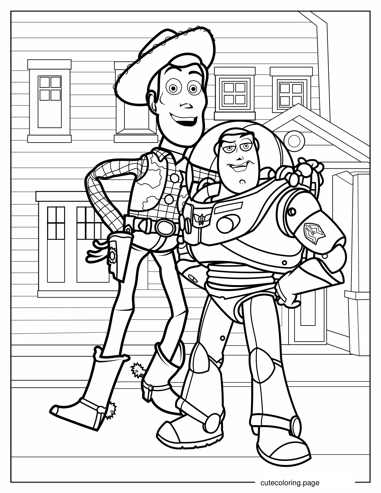 Woody And Buzz Lightyear Standing In Front Of Doll House Coloring In coloring page