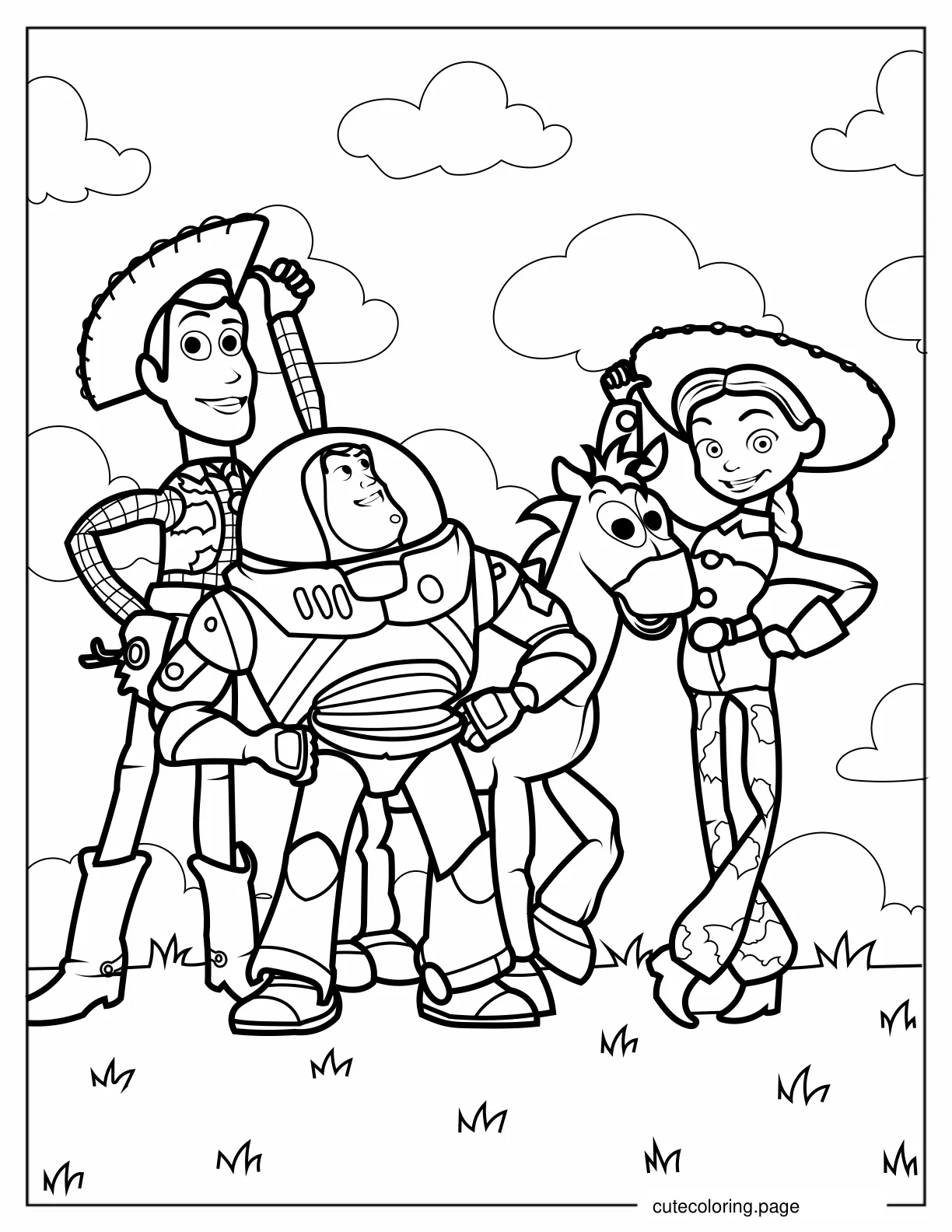 Woody Buzz Lightyear Bullseye And Jessie coloring page