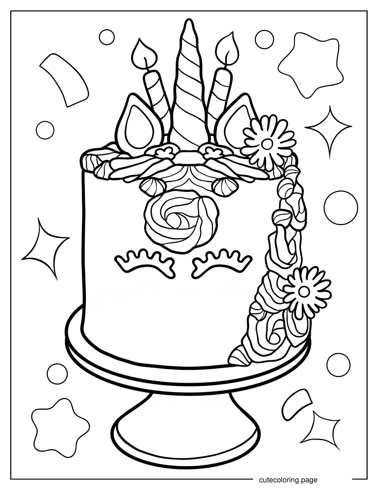 Kawaii Unicorn Cake With Candles Coloring In coloring page