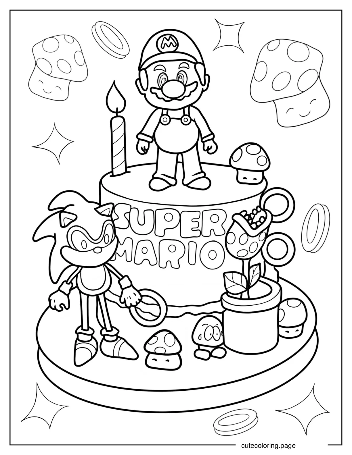 Mario And Sonic Birthday Cake Coloring In For Kids coloring page