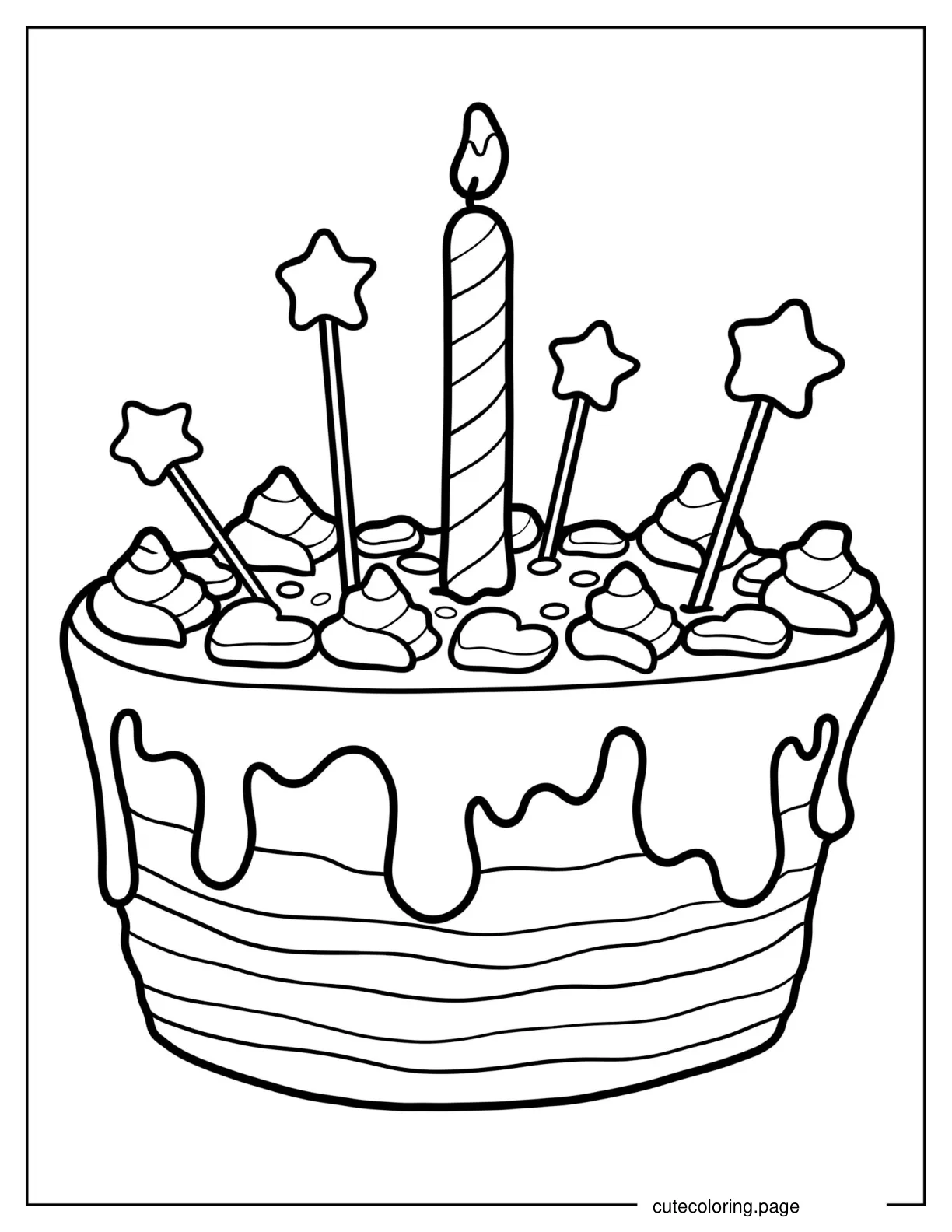 Simple Cake With Star Toppers And Candle Coloring Page coloring page