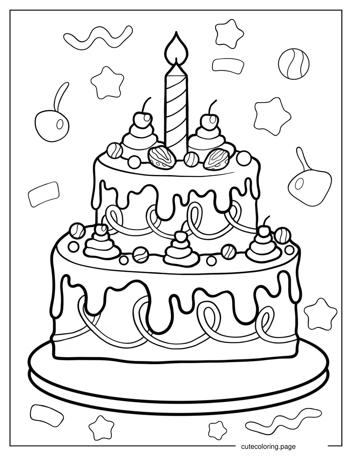 Two Tiered Birthday Cake With Cherries coloring page