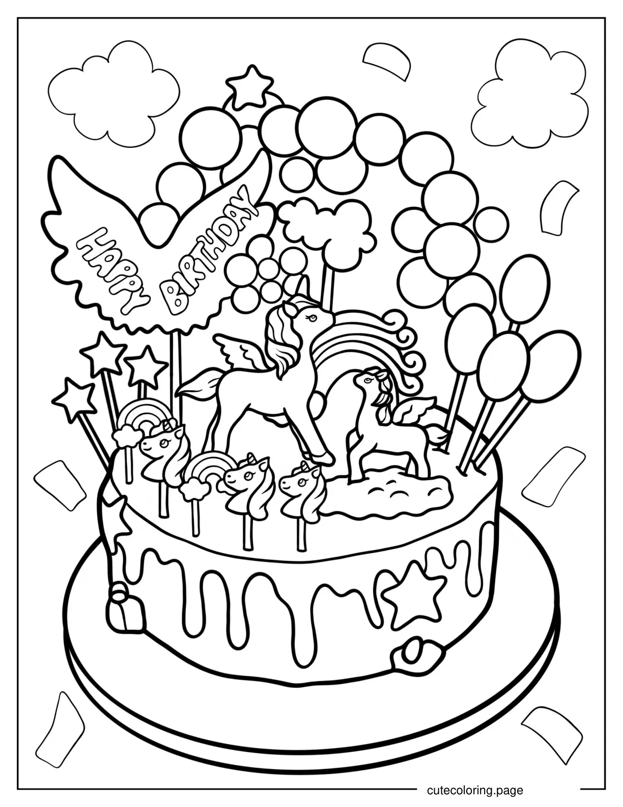 Unicorn Birthday Cake Coloring In For Kids coloring page