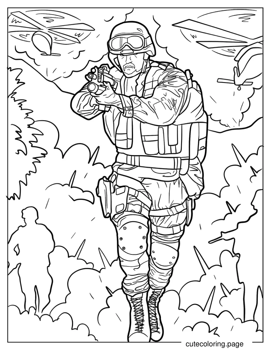 Call Of Duty Operator In Jungle With Helicopters coloring page