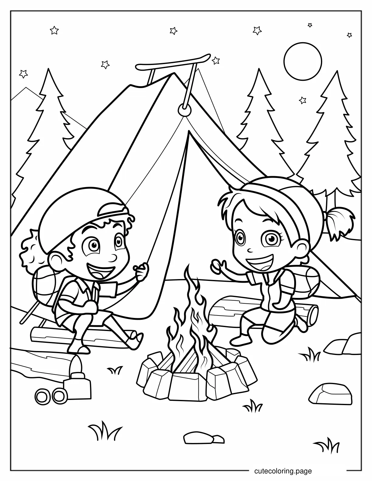 Boy And Girl Campers Singing Campfire Songs coloring page