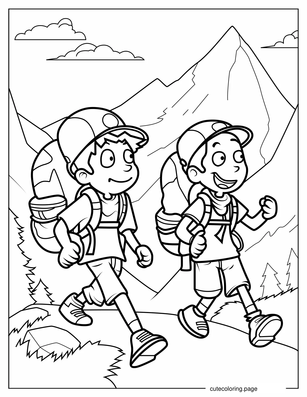 Boy Campers Walking In Forest Trail coloring page