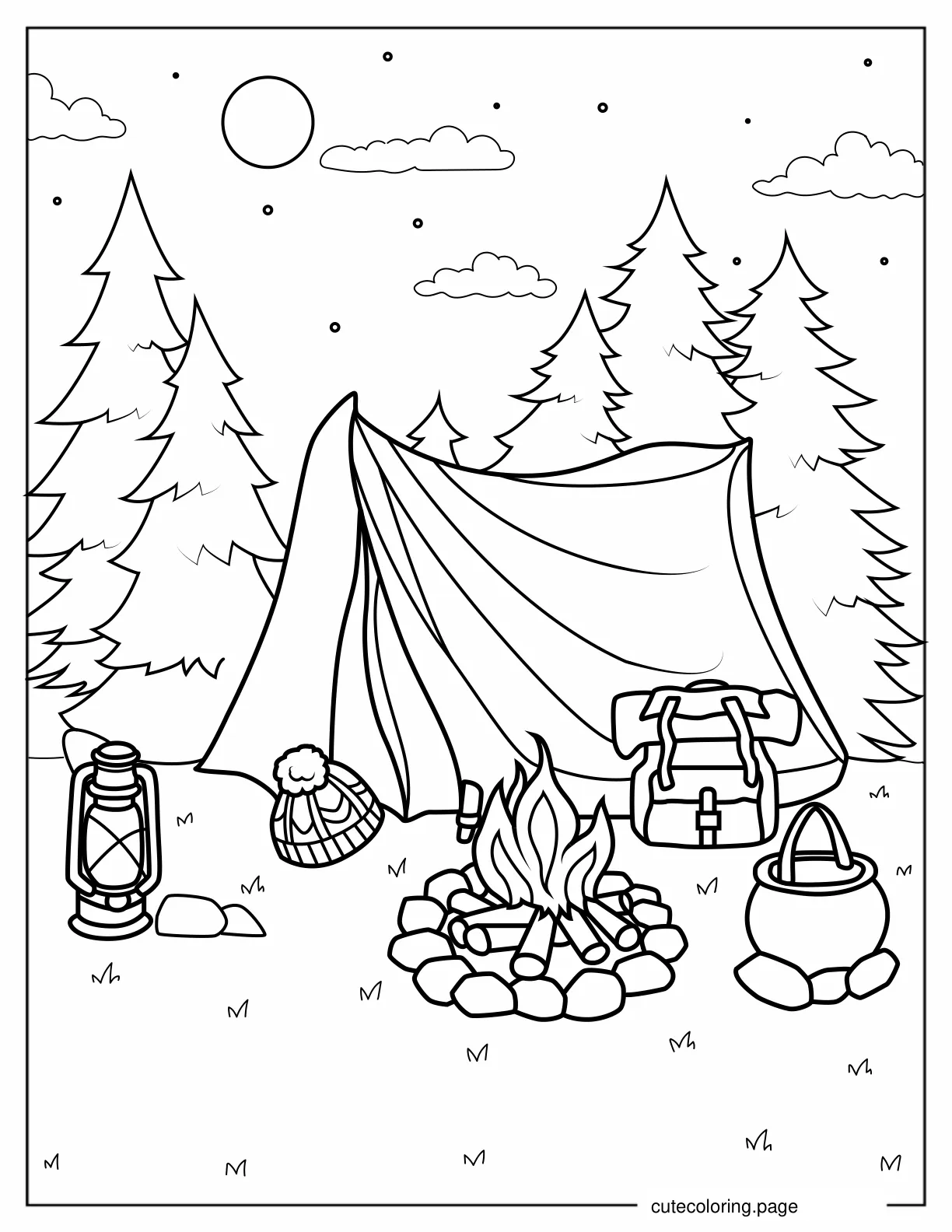 Camping Gear And Tent Around Bonfire coloring page