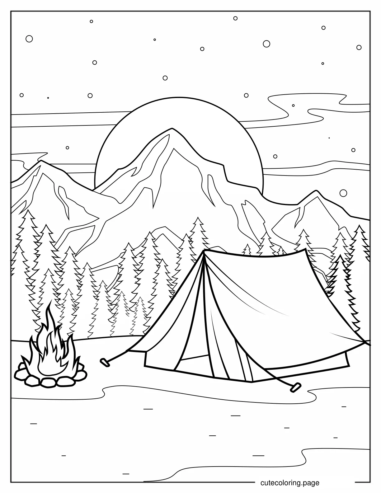 Camping Tent With Bonfire And Mountain View coloring page