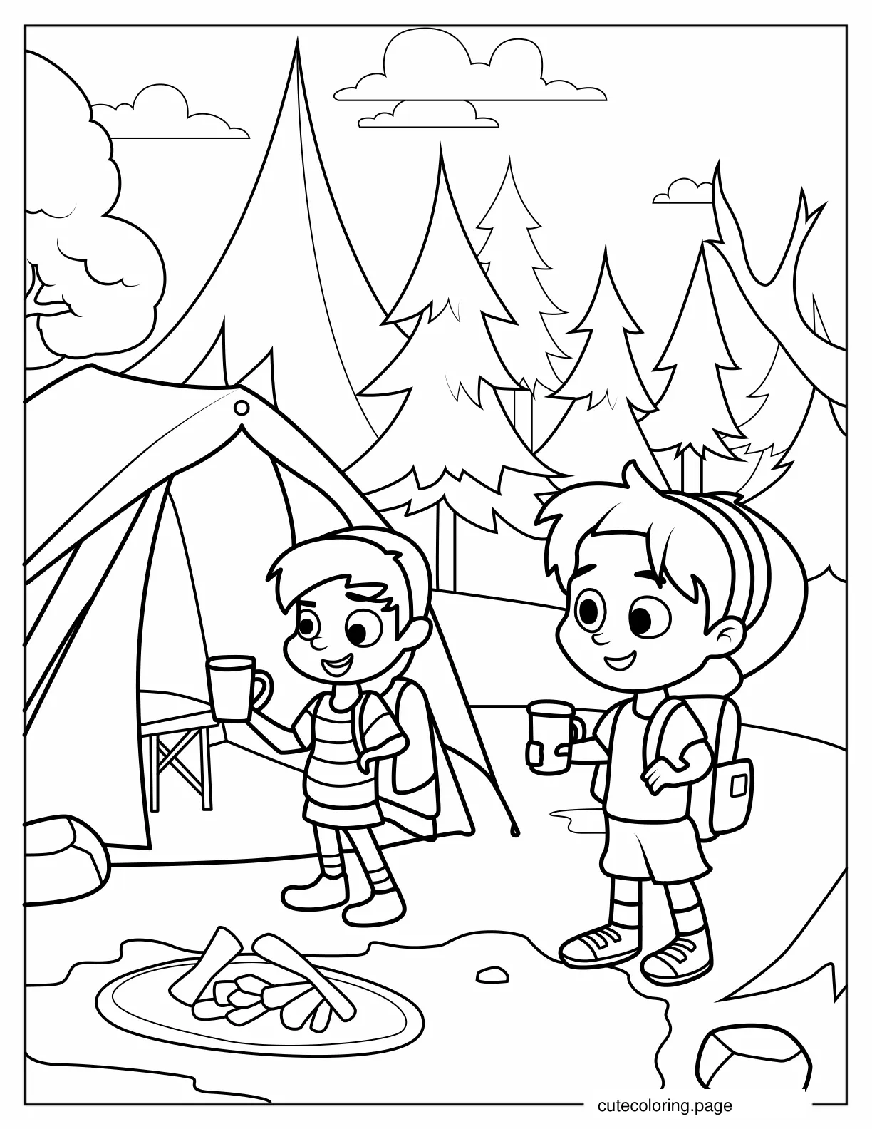 Children Holding Cups In Camping Site To Color coloring page