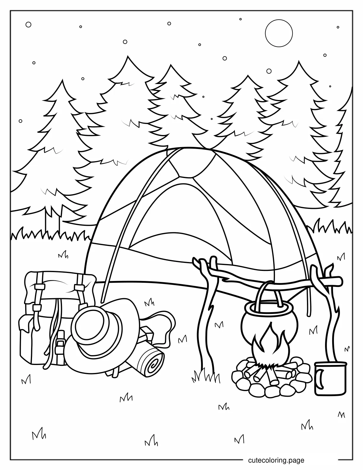 Detailed Coloring Page Of Camping Tent And Gear coloring page