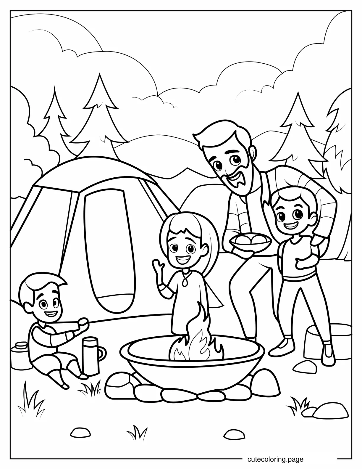 Easy Coloring Sheet Of Family Camping coloring page