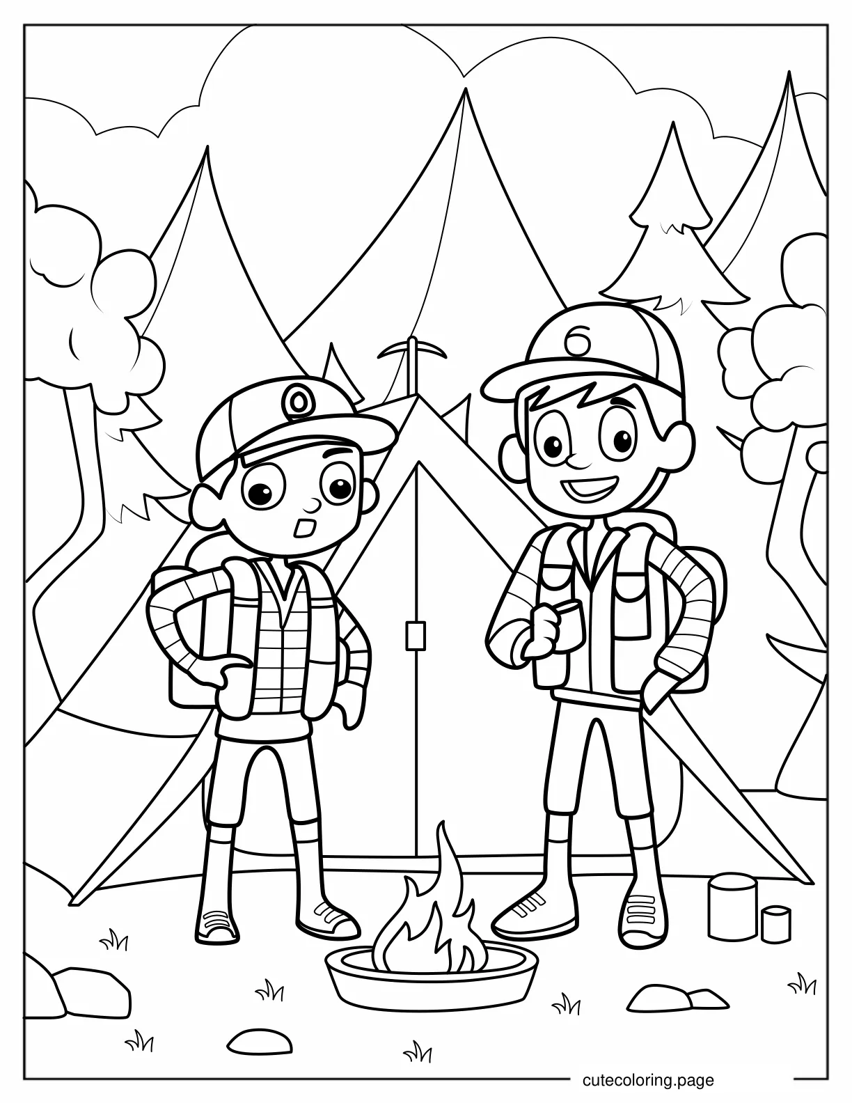 Kawaii Campers Standing In Front Of Bonfire coloring page