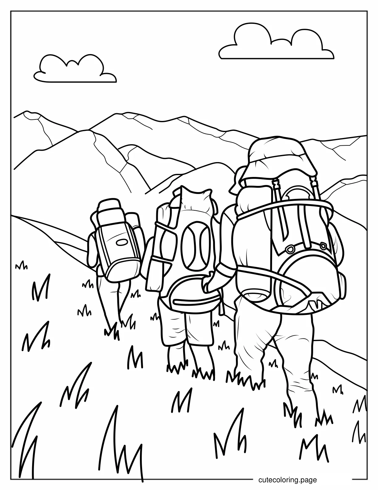 Three Campers With Rucksacks Hiking To Camp Site coloring page