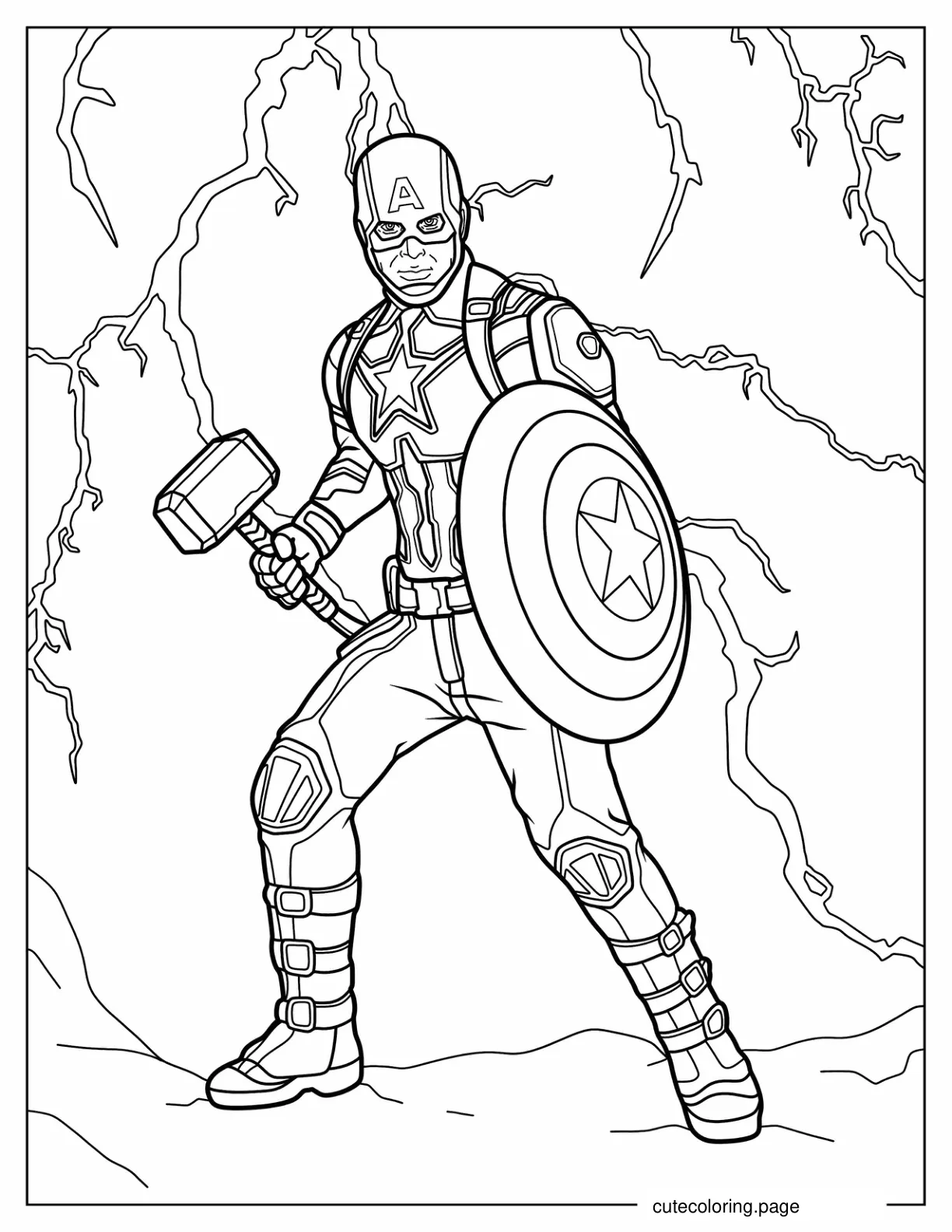 Captain America Holding Thors Hammer With Lightening coloring page