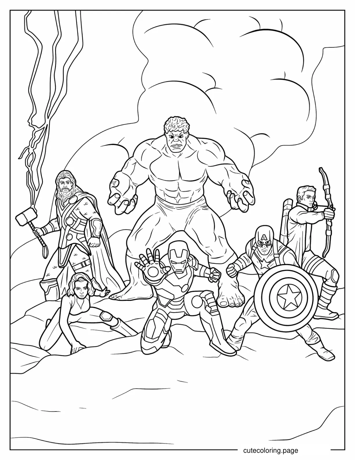 Captain America With Hulk Iron Man Thor Black Widow and Hawk Eye coloring page