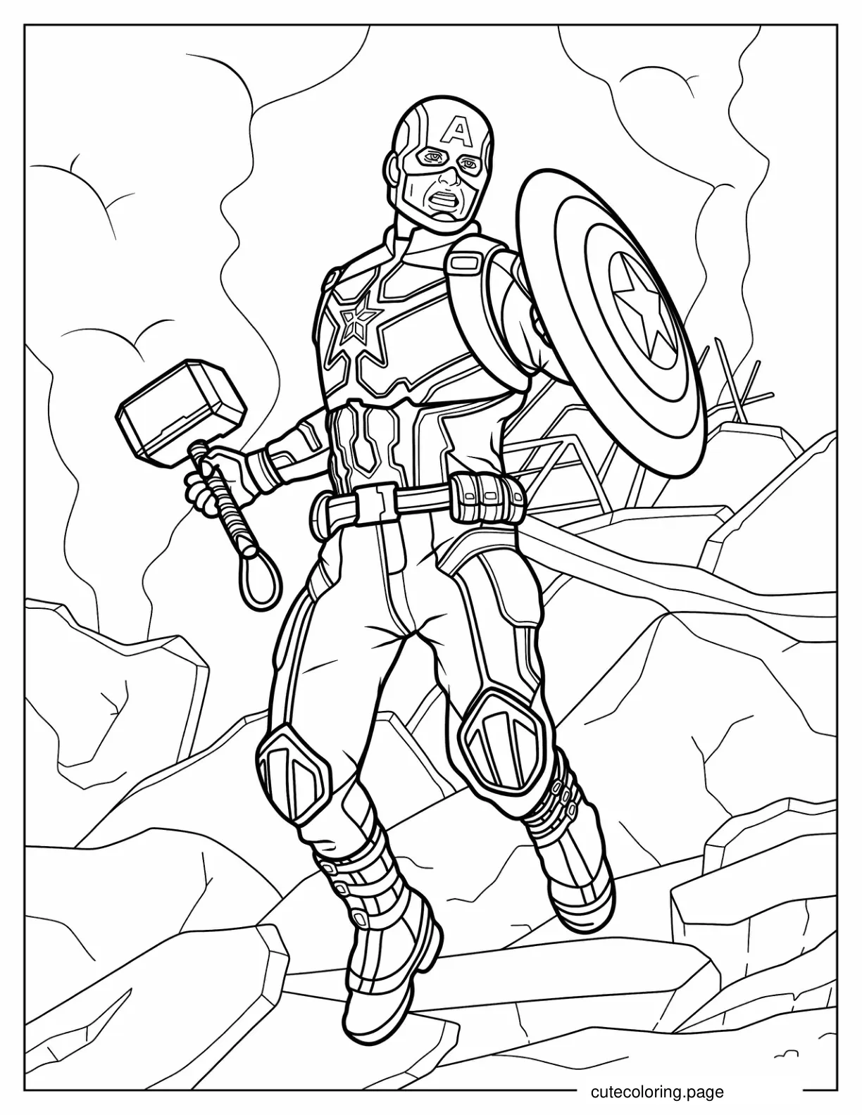 Coloring Page Of Captain America Holding Thors Hammer coloring page