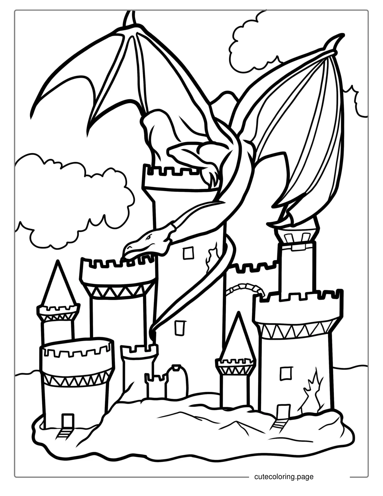 Middle Ages Castle With Dragon Coloring Sheet coloring page