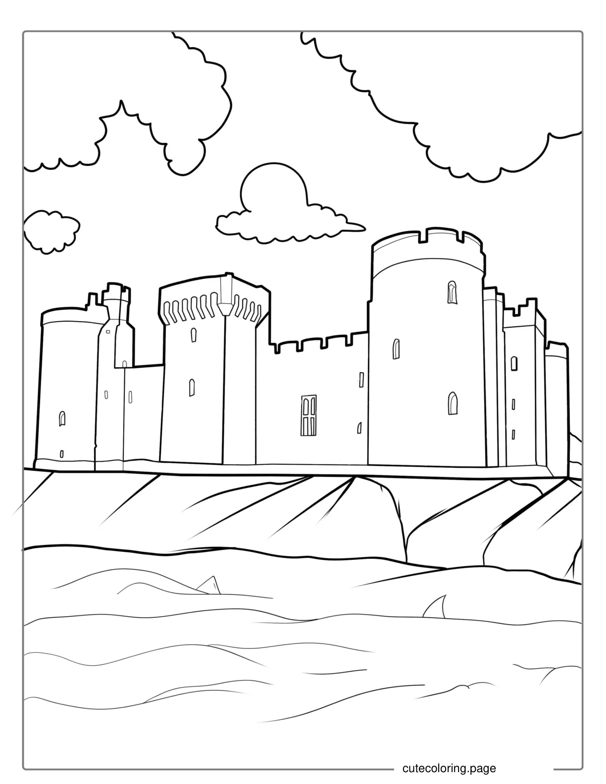 Old Castle With Moat And Sharks coloring page