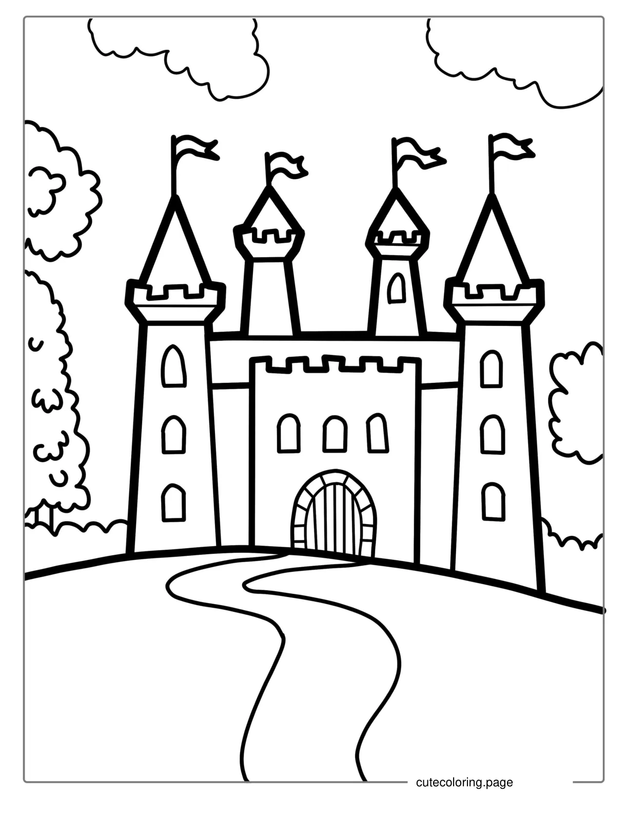 Simple Outline Of Castle With Flags For Kids coloring page