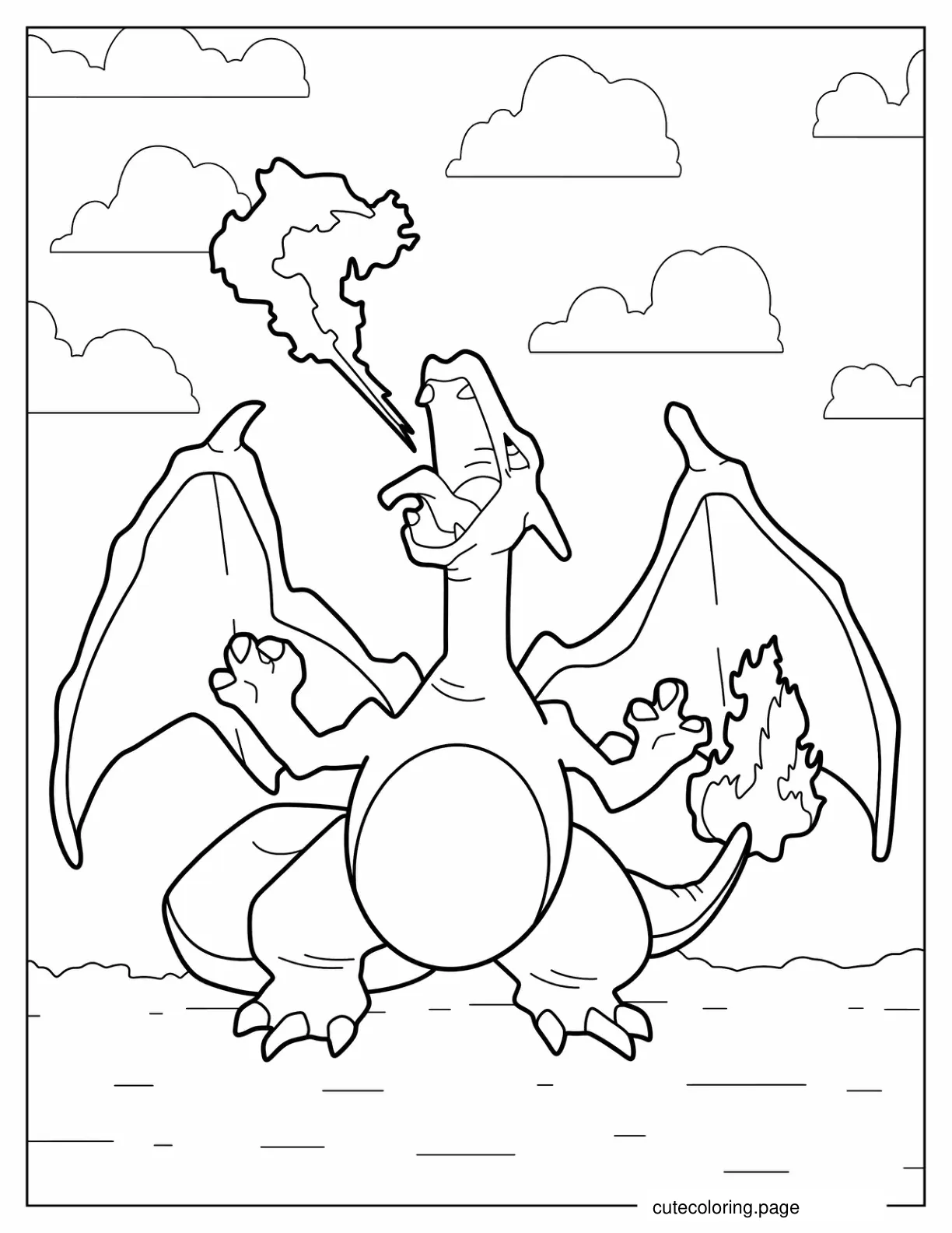 Coloring Page Of Charizard Breathing Fire In The Sky coloring page