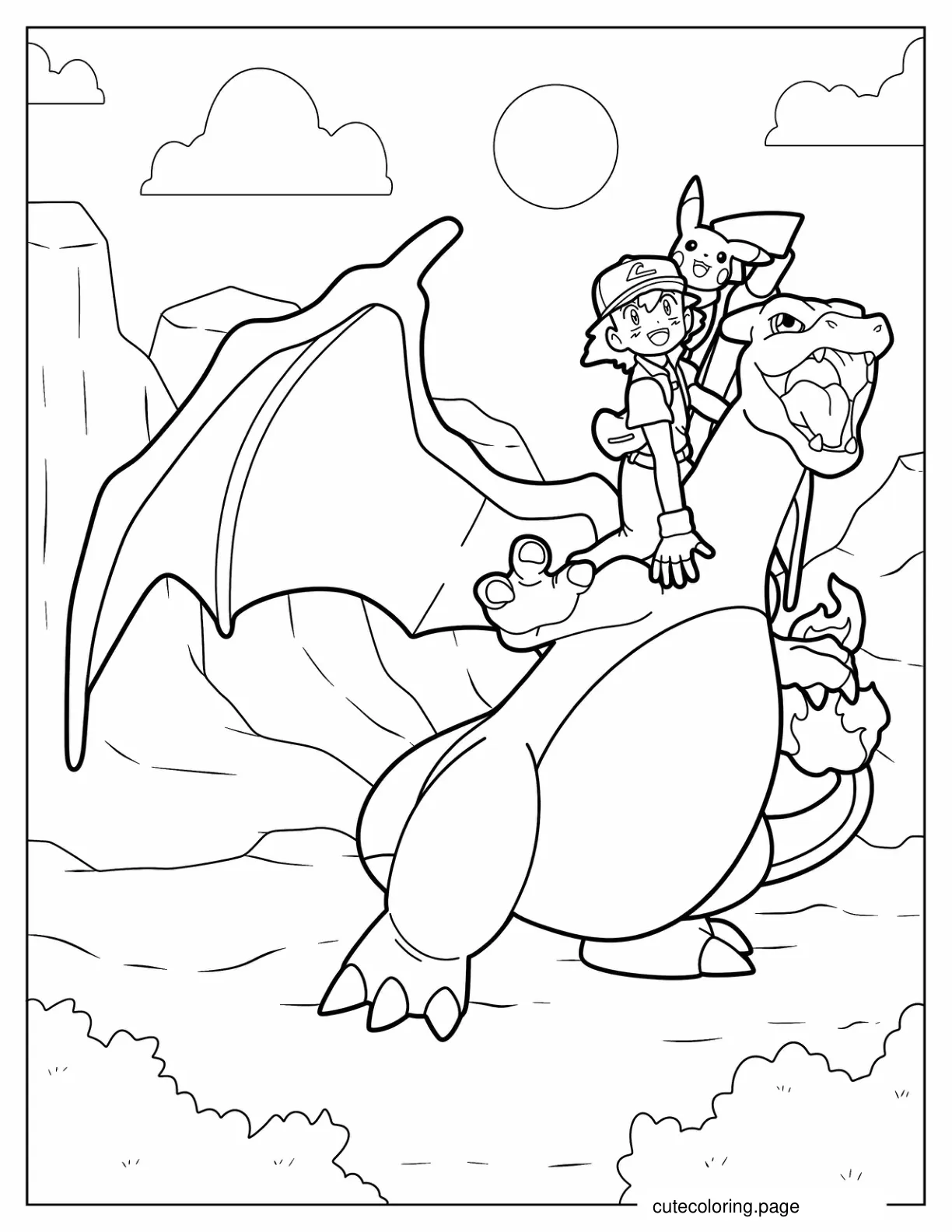 Coloring Sheet Of Ash And PIkachu Riding Charizard coloring page