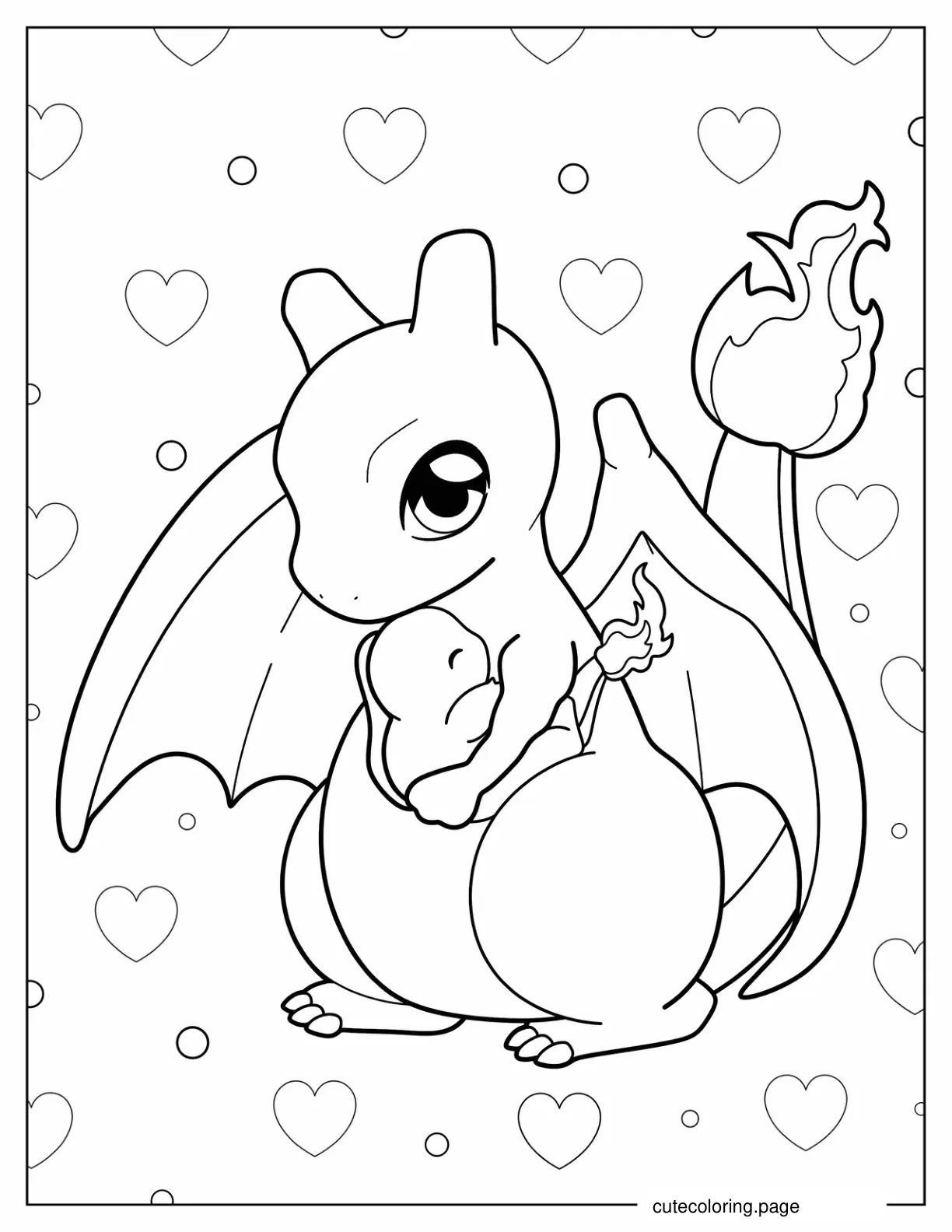 Kawaii Charizard Holding Baby Charmander 1 coloring page