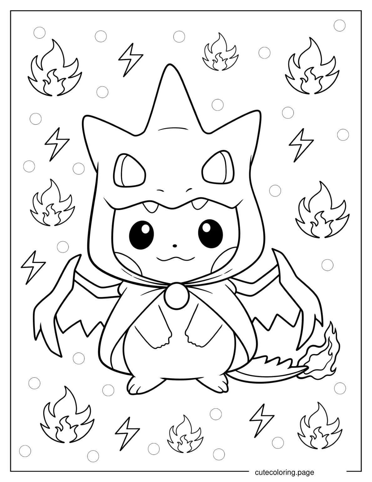 Kawaii Pikachu In Charizard Costume coloring page